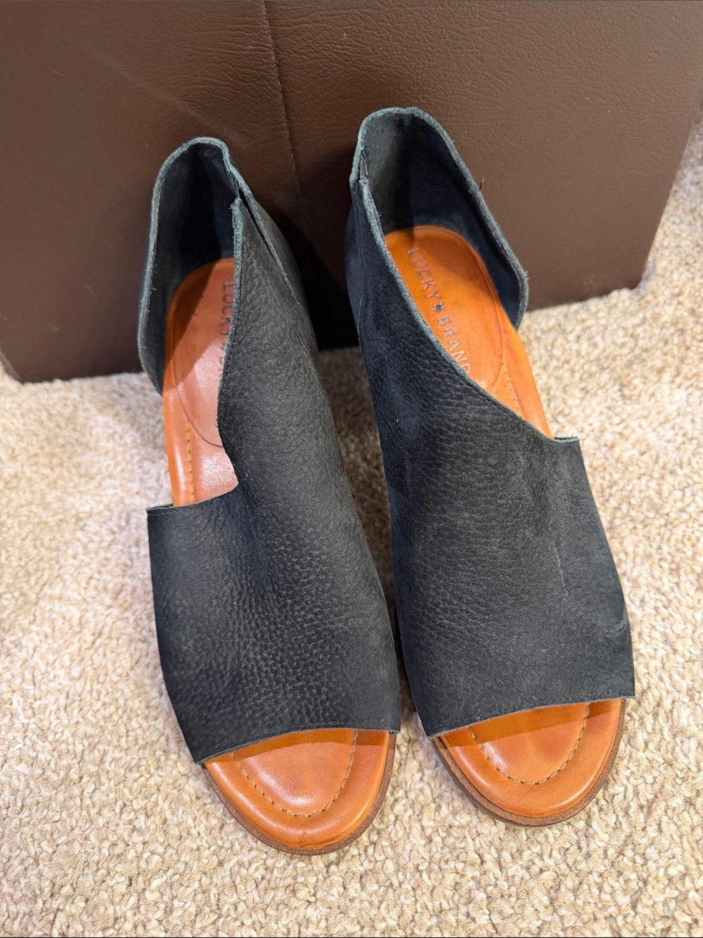 Lucky Brand Black Open-Peep Toe Leather Wedges